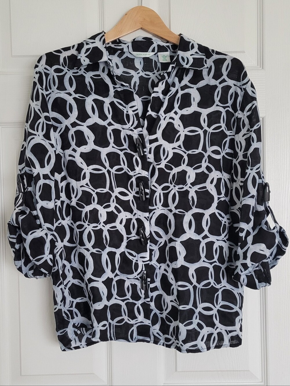 Laura Ashley 100% Linen Black & White Chain-Print Roll-Sleeve Blouse